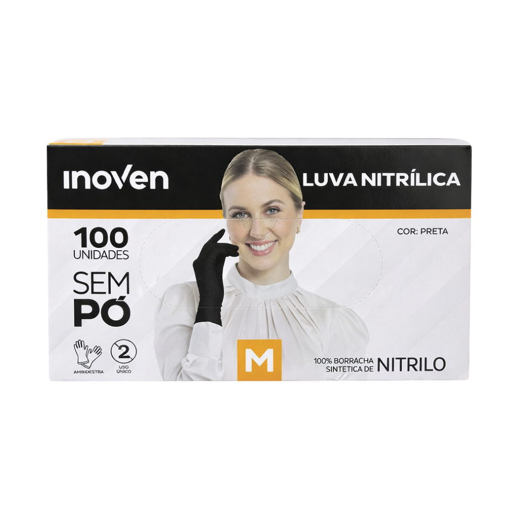 Luva Nitrílica Preta Sem Pó 100 Unidades Inoven - M