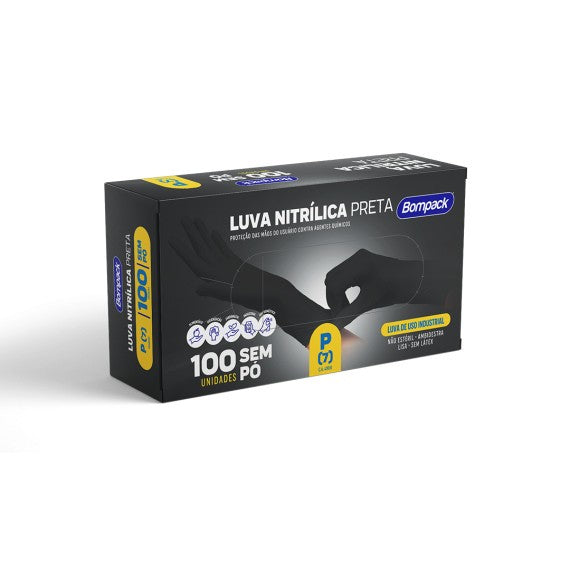 Luva Nitrílica Preta Com 100 Unidades Bompack - P