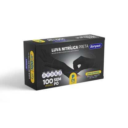 Luva Nitrílica Preta Com 100 Unidades Bompack - P
