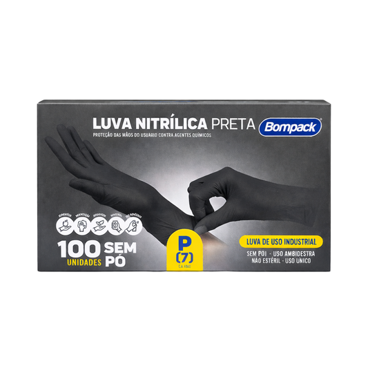 Luva Nitrílica Preta Com 100 Unidades Bompack - P
