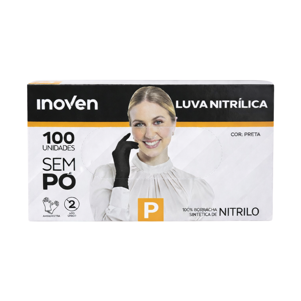 Luva Nitrílica Preta Sem Pó 100 Unidades Inoven - P