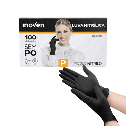 Luva Nitrílica Preta Sem Pó 100 Unidades Inoven - P