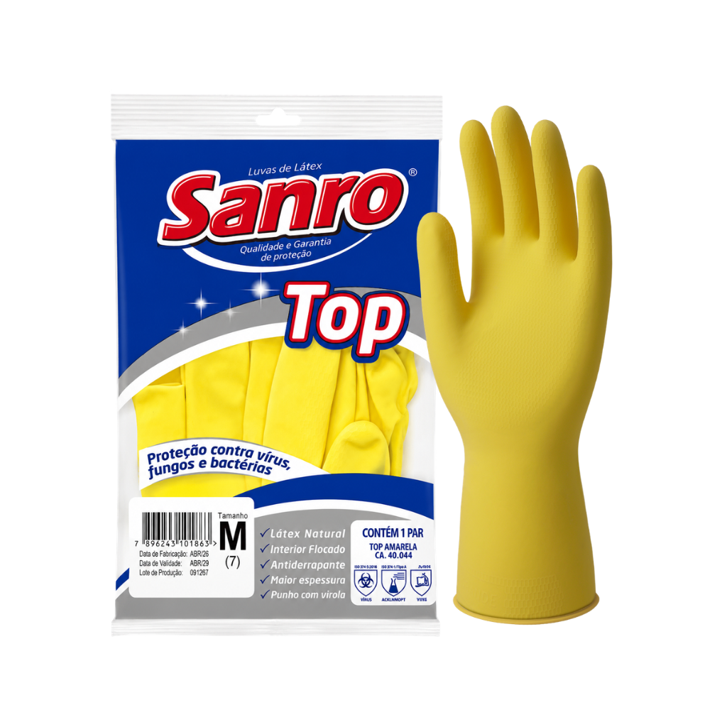 Luva de Látex Limpeza Amarela Multiuso Top Tam M Sanro