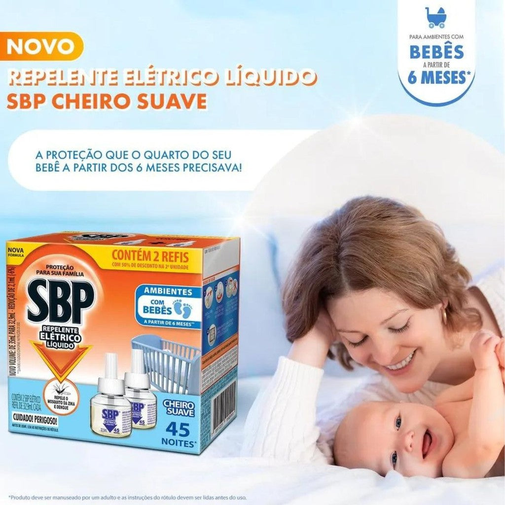 Refil Repelente Elétrico Líquido SBP 45 Noites 32,9ml C/ 2 Unidades