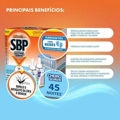 Refil Repelente Elétrico Líquido SBP 45 Noites 32,9ml C/ 2 Unidades