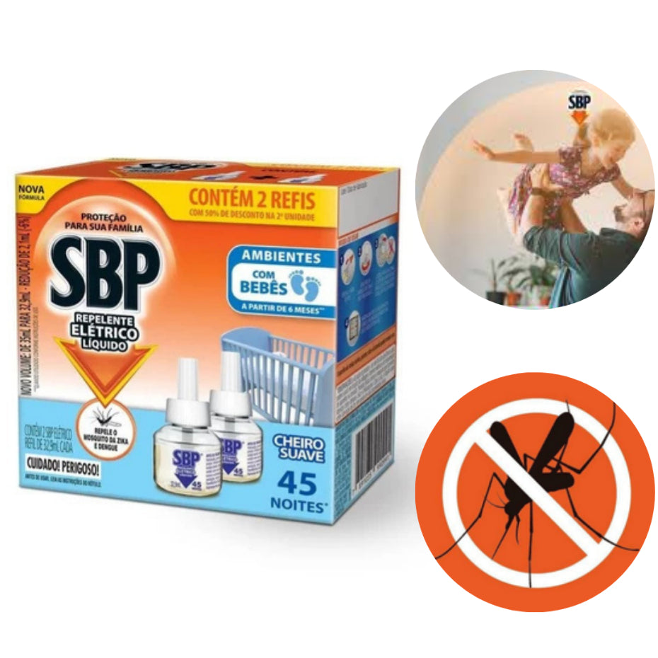 Refil Repelente Elétrico Líquido SBP 45 Noites 32,9ml C/ 2 Unidades
