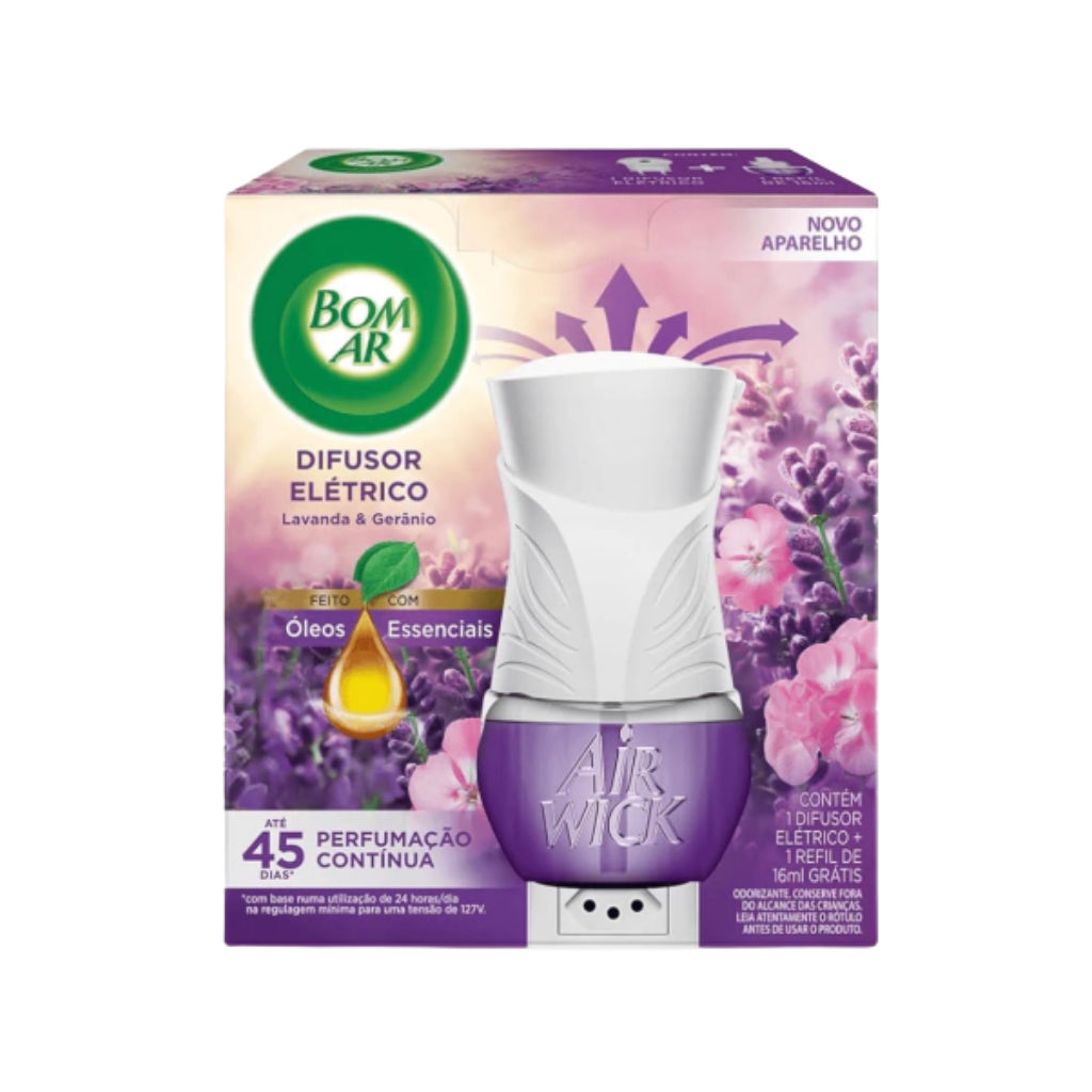 Difusor Elétrico Bom Ar Lavanda e Gerânio Aplicador + Refil 16ml