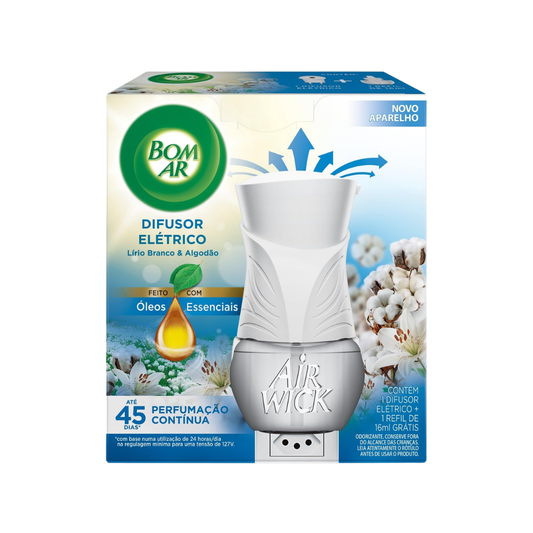 Difusor Elétrico Bom Ar Lírio Branco e Algodão Com Refil 16ml