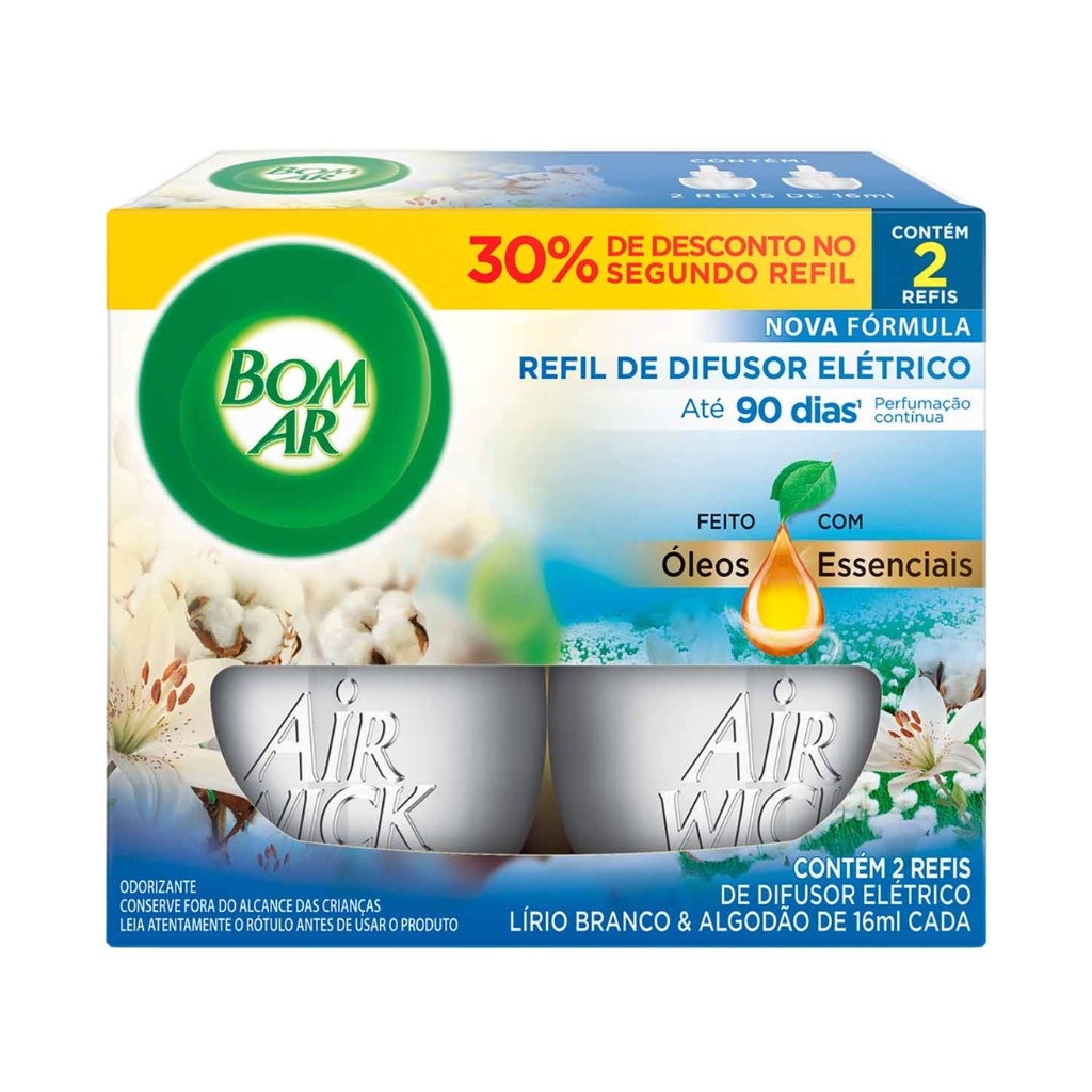 2 Refil Difusor Elétrico Bom Ar Lírio Branco E Algodão 16ml