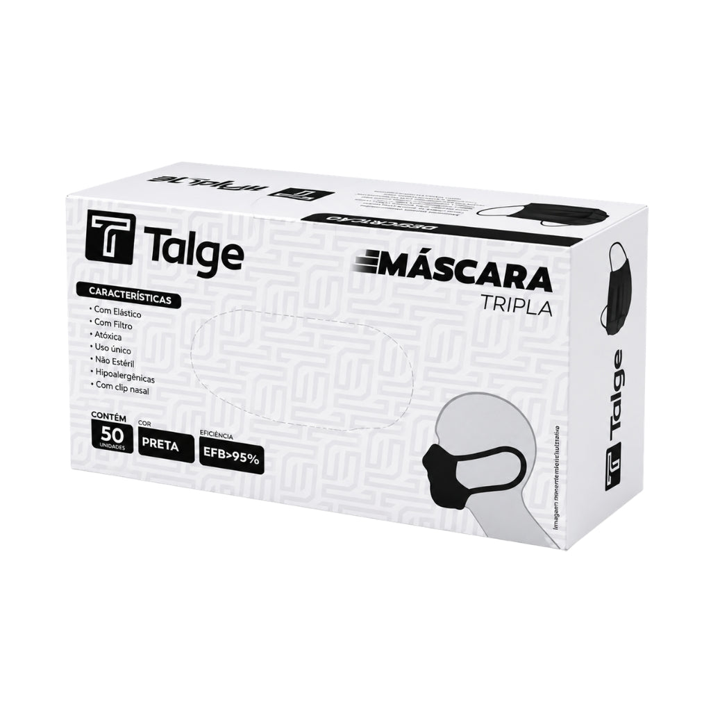 Máscara Descartável Tripla  Com Clip Preta 50 Unid Talge