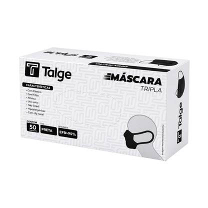 Máscara Descartável Tripla  Com Clip Preta 50 Unid Talge
