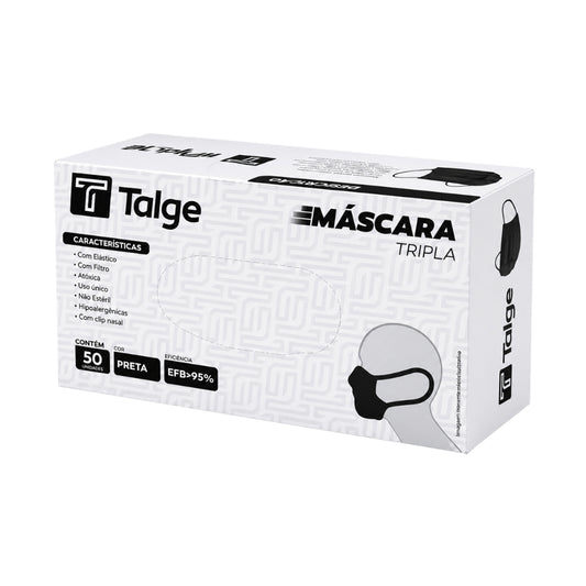 Máscara Descartável Tripla  Com Clip Preta 50 Unid Talge