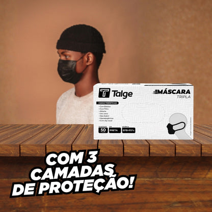 Máscara Descartável Tripla  Com Clip Preta 50 Unid Talge