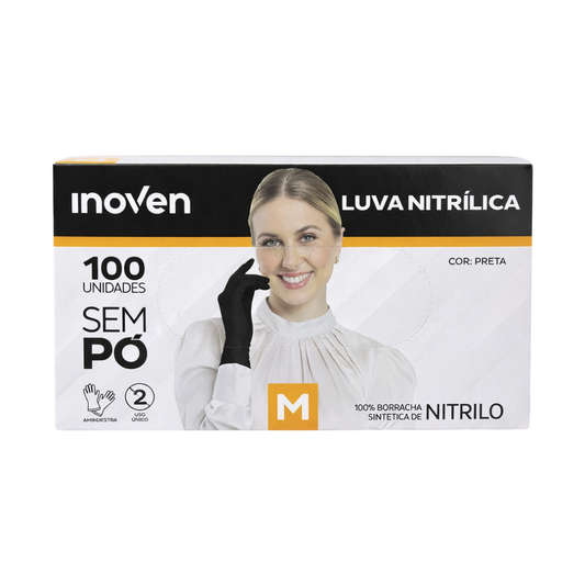 Luva Nitrílica Preta Sem Pó 100 Unidades Inoven - M