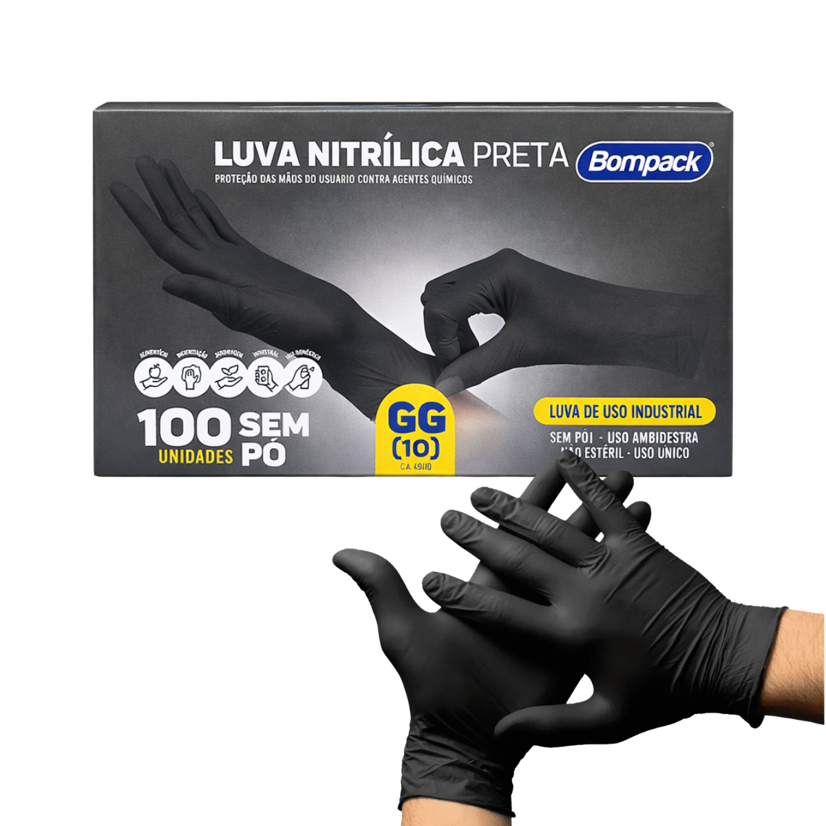 Luva Descartável Nitrílica Preta Sem Pó Bompack - GG