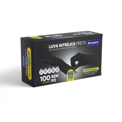 Luva Descartável Nitrílica Preta Sem Pó Bompack - GG