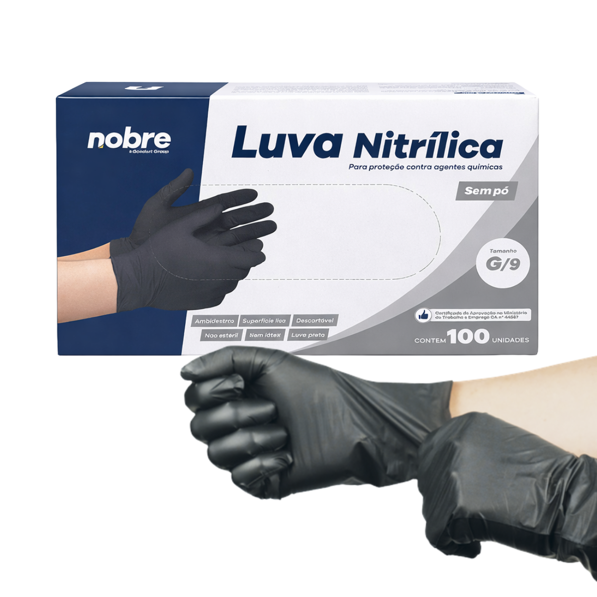 Luvas Nitrílica Preta Nobre Sem Pó Premium 100 Unidades - G