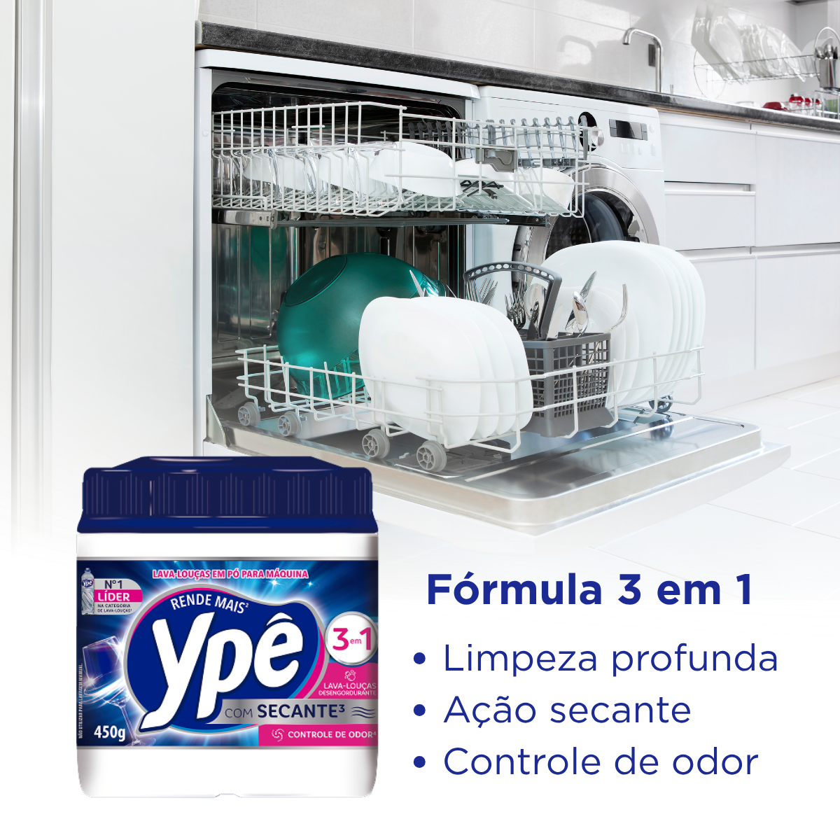 Detergente Lava Louças em Pó para Máquina Ypê Com Secante 450g