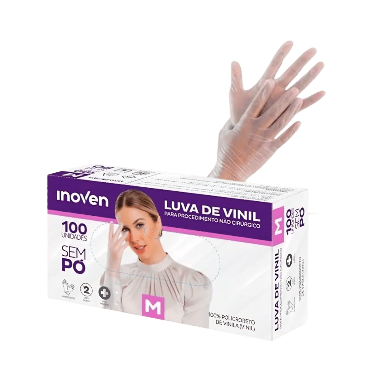 Luva de Vinil Descartável Sem Pó 100 Unid Inoven - M