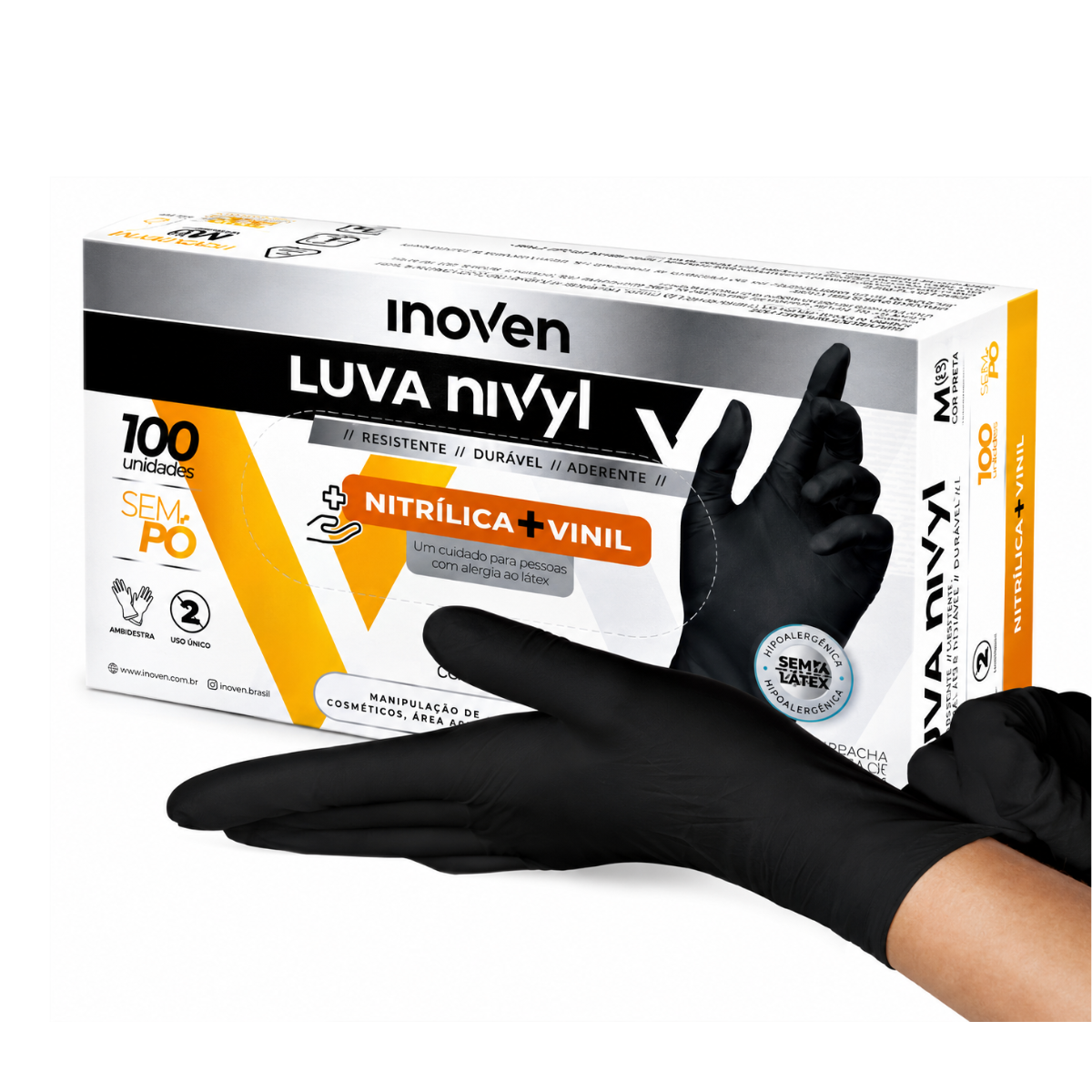 Luva Nivyl Nítrilica+Vinil Sem Pó Preta 100 Uni Inoven - G