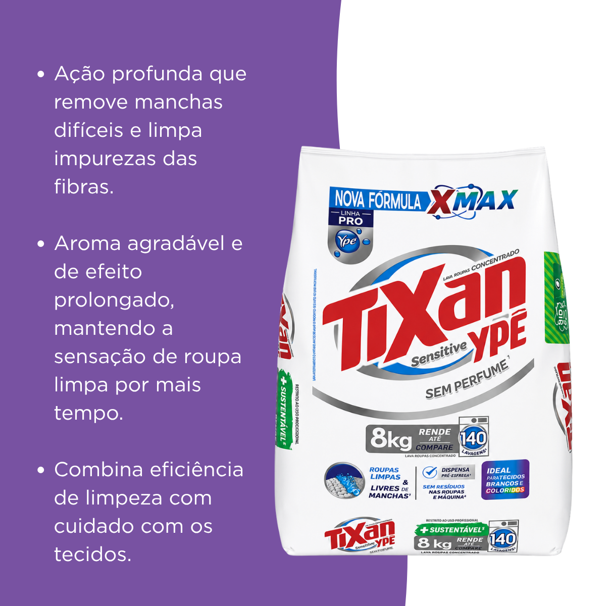 Sabão Lava Roupas em Pó Sensitive Sem Perfume Tixan Ypê 8kg