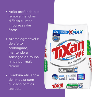 Sabão Lava Roupas em Pó Sensitive Sem Perfume Tixan Ypê 8kg