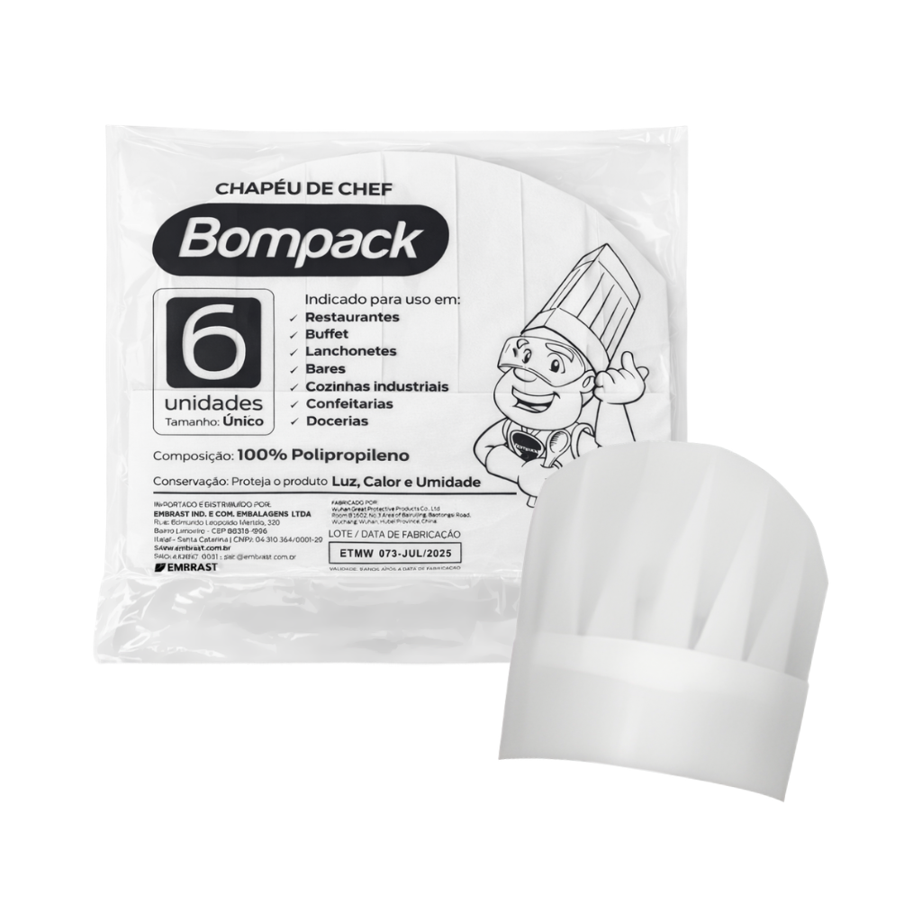Chapéu De Chef Plissado Descartável 6 Unidades  Bompack