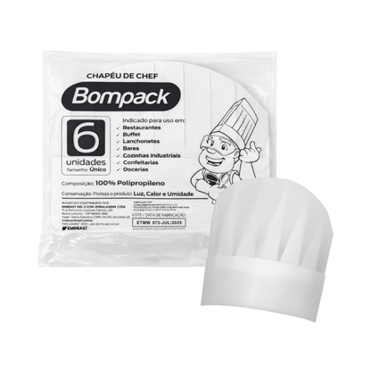 Chapéu De Chef Plissado Descartável 6 Unidades  Bompack