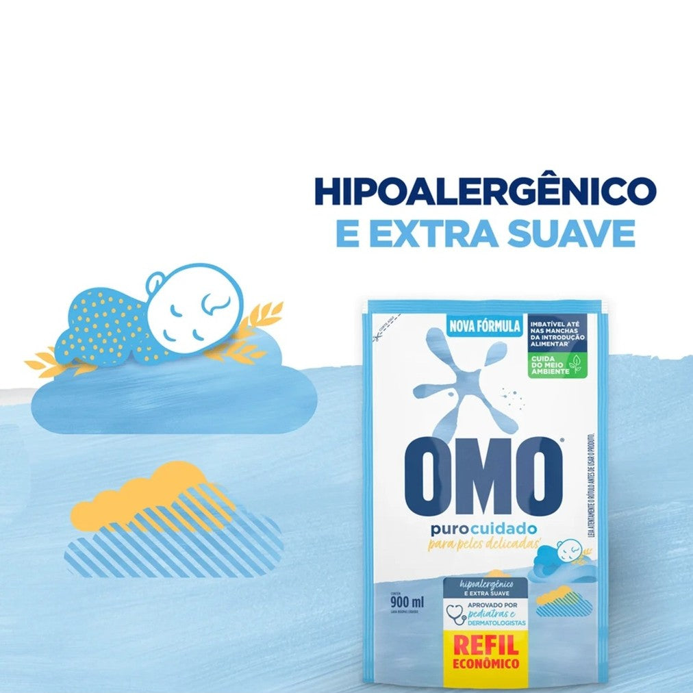 Lava Roupas Sabão Líquido Omo Puro Cuidado Hipoalergênico 900ml