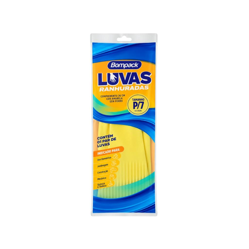 Luva Látex Ranhurada Bompack Amarela Antiderrapante - P