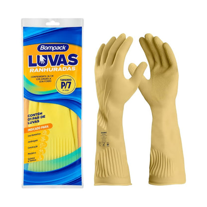 Luva Látex Ranhurada Bompack Amarela Antiderrapante - P
