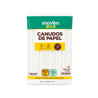 Canudos de Papel Branco 19,7 cms x 6mm 100 Unid Inoven