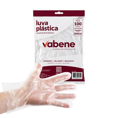 Luva Plástica Descartável Transparente 100 Unid Vabene
