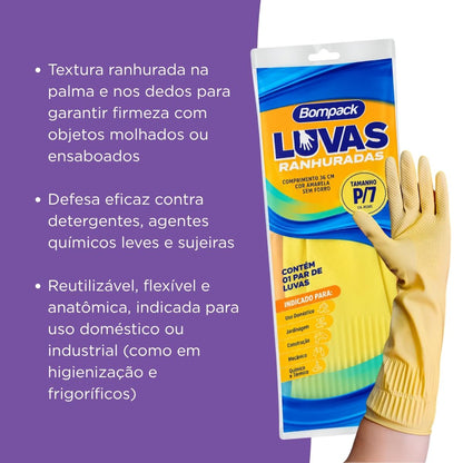 Luva Látex Ranhurada Bompack Amarela Antiderrapante - P