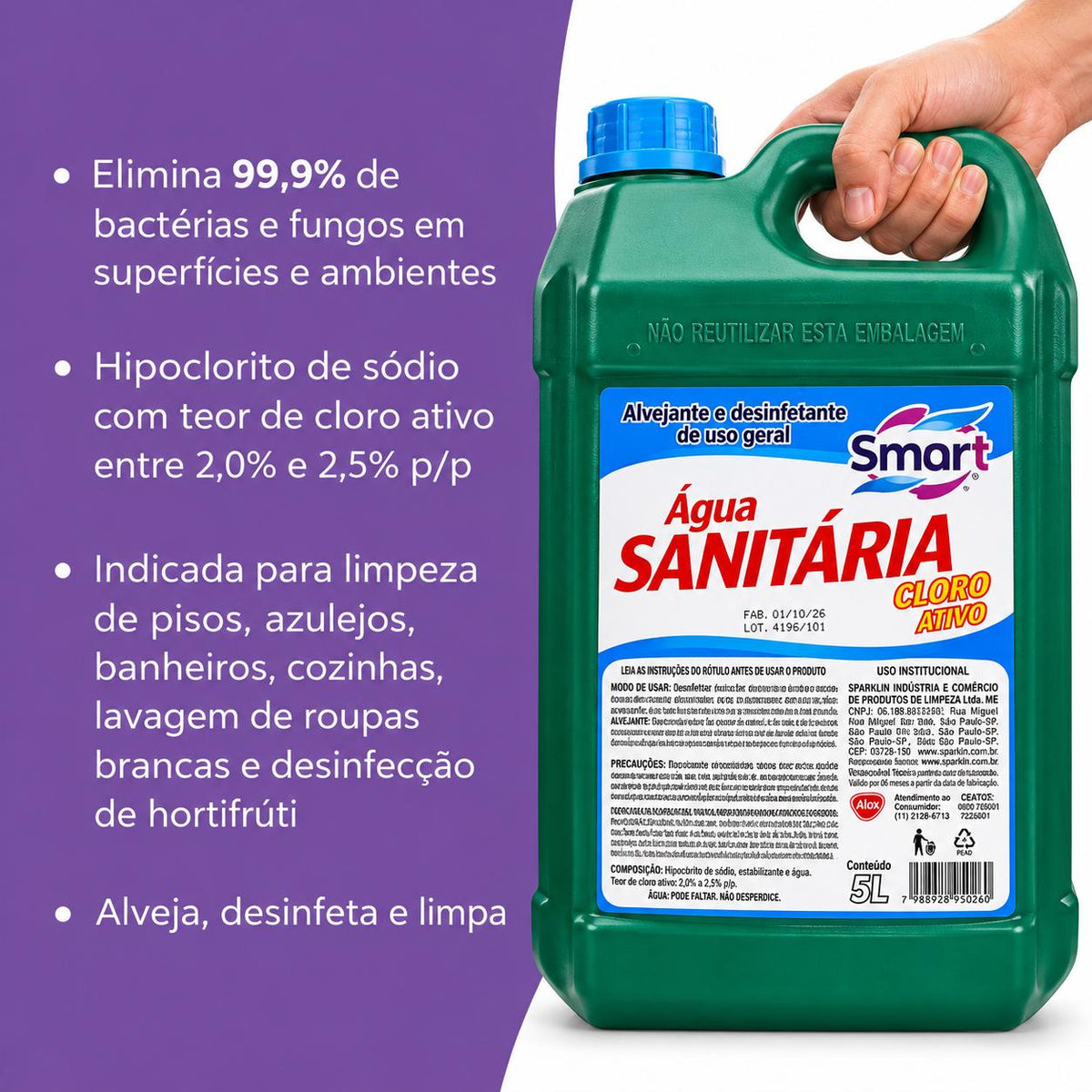 Água Sanitária 5 Litros Limpeza Pesada Desinfetante  Smart