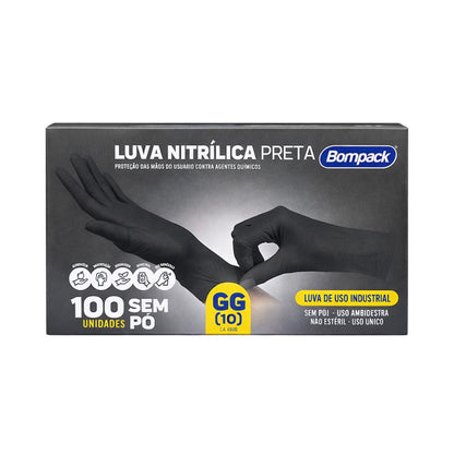 Luva Descartável Nitrílica Preta Sem Pó Bompack - GG