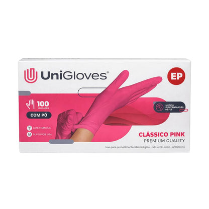 Luva Látex Unigloves Com Pó Rosa Neon 100 Unidades - PP
