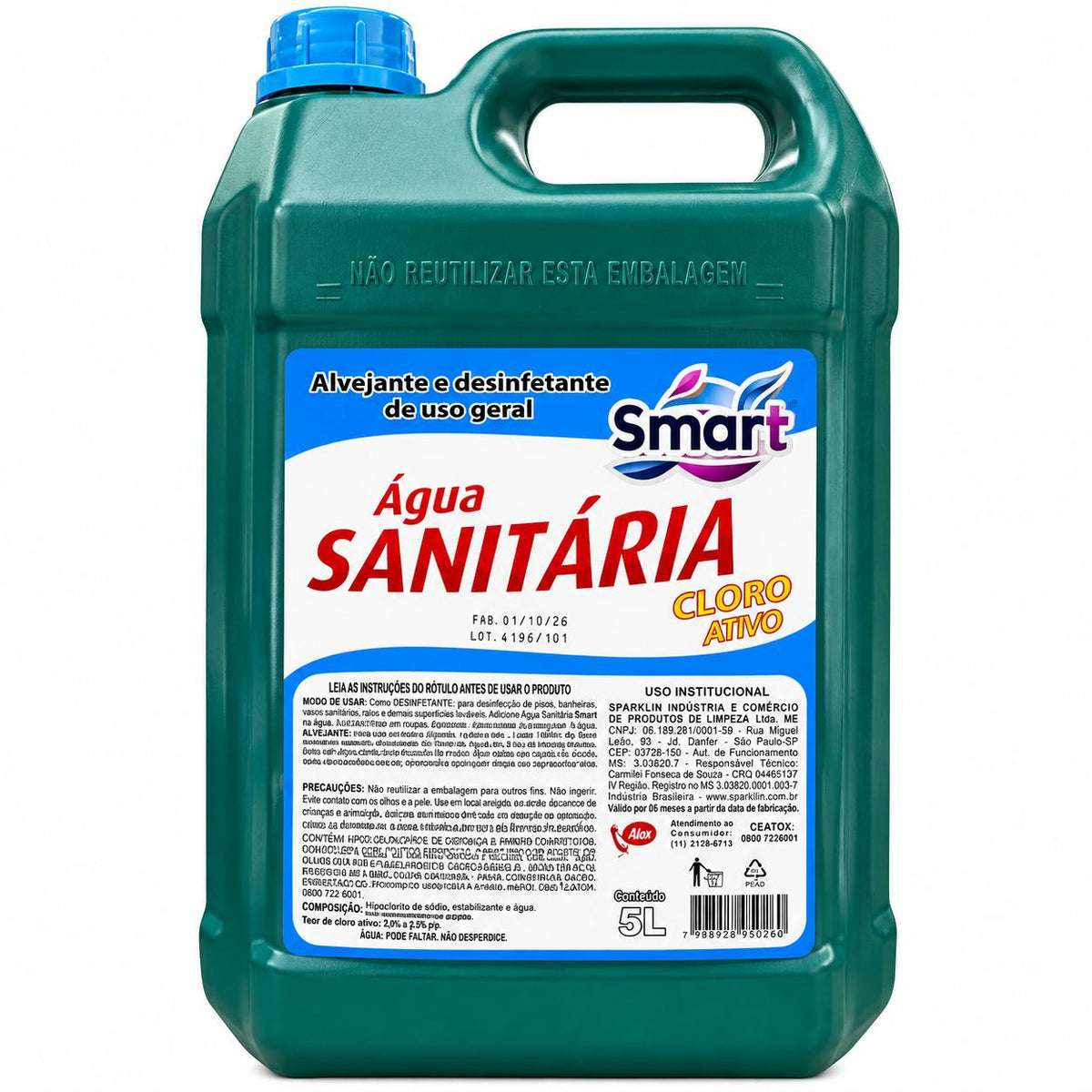 Água Sanitária 5 Litros Limpeza Pesada Desinfetante  Smart