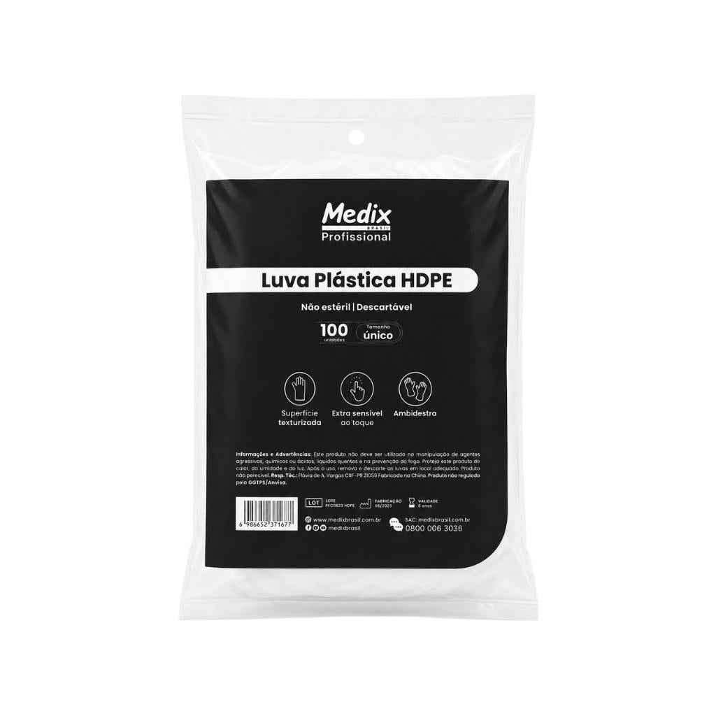 Luva Plástica HDPE Transparente Tam Único 100 Unid Medix