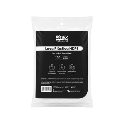 Luva Plástica HDPE Transparente Tam Único 100 Unid Medix