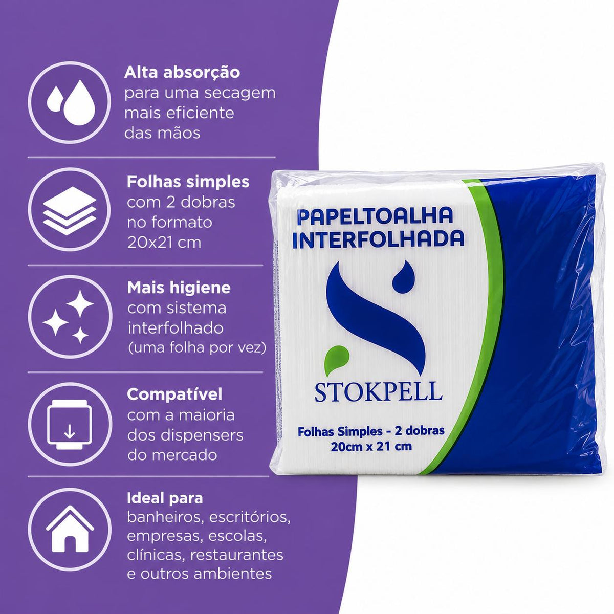 Papel Toalha Interfolha Branco 20x21  2 Dobras Stokpell