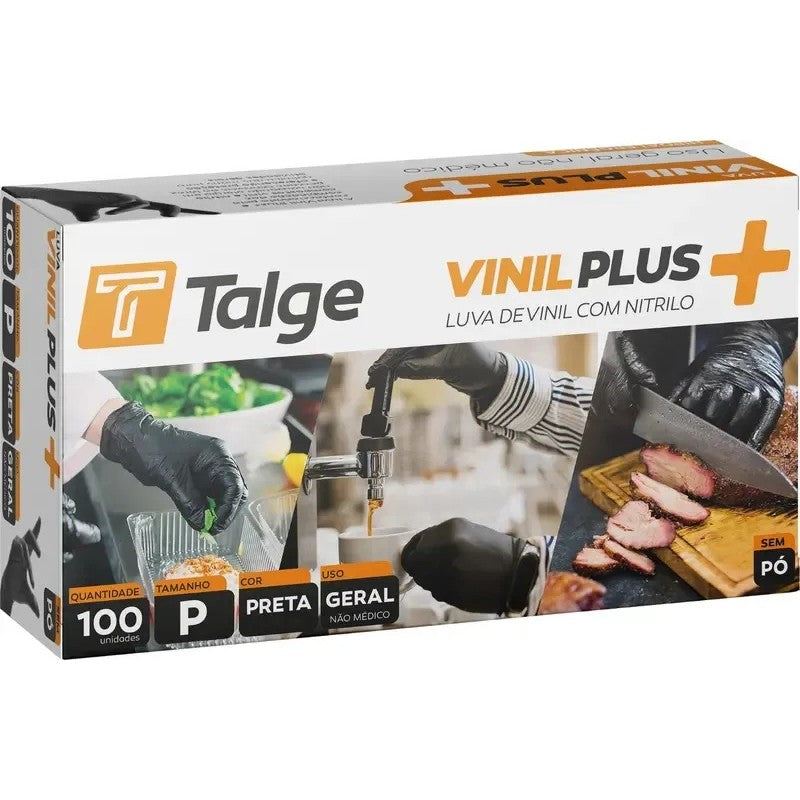 Luva Vinil Plus Preta Descartável Sem Pó 100 Unidades - P